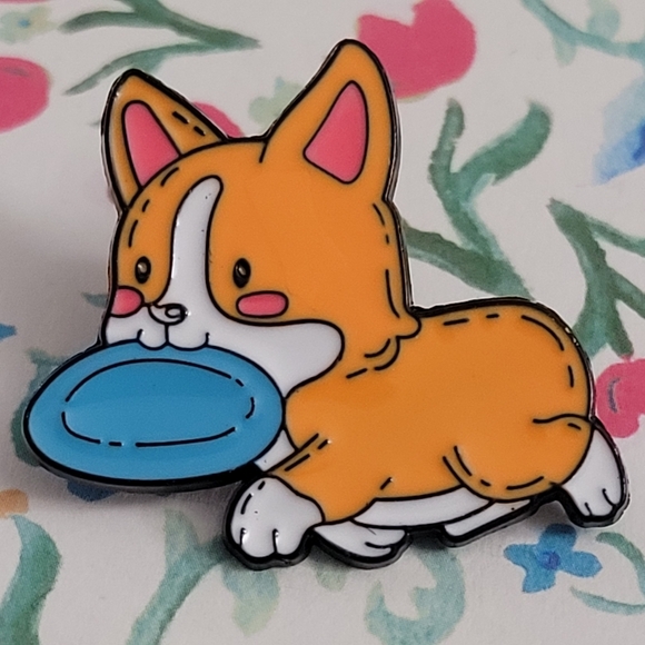 Corgi Pup With Food Dish Enamel Pin - Picture 6 of 6